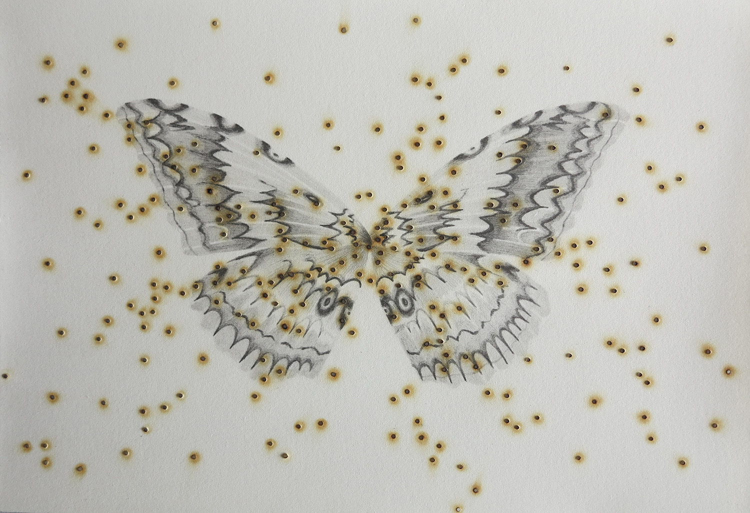 Marielle Degioanni, Attaquer le soleil III, 2019. Perforation, burn and pencil on paper, 18X26cm.