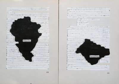 Didier Béquillard, Typogéographies, encre et correcteur sur papier livre, 16x23cm, 2009.